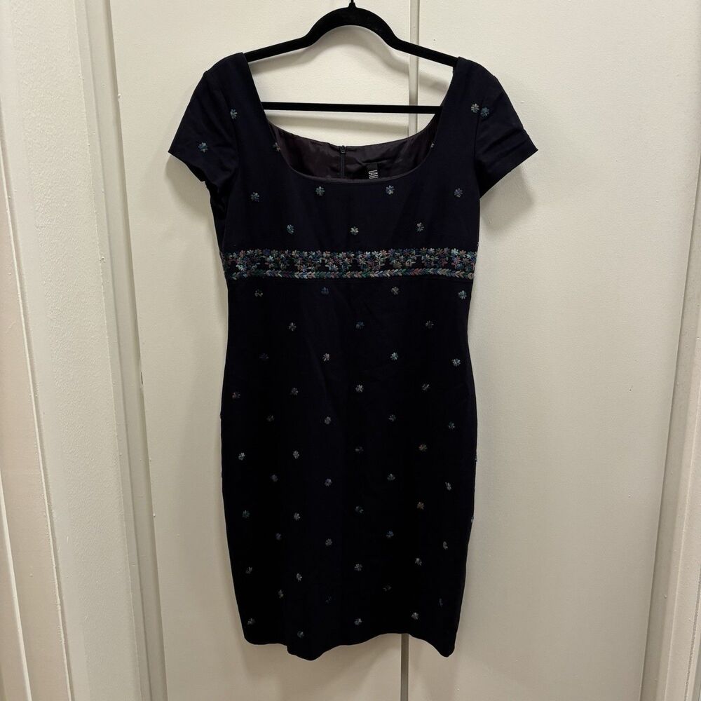VTG 90s Laundry By Shelli Segal Sz 10 Navy Blue Sheath Dress Embroidered Florals